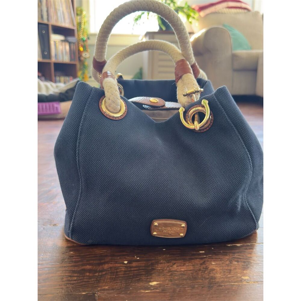 Michael Kors Marina Navy Blue Canvas Large Tote Bag Women's Casual